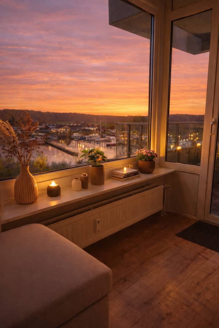 Wohnzimmer mit Balkon und Blick auf die Ostsee